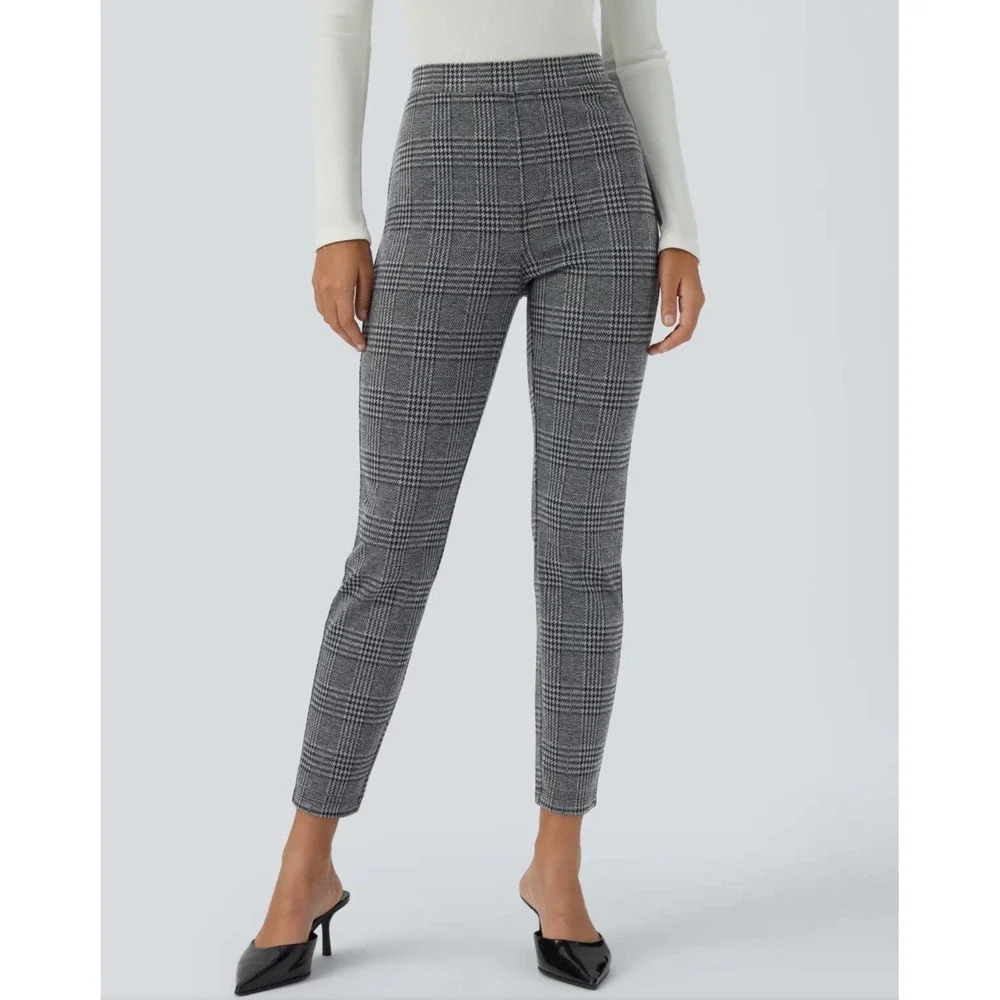 Halara Dress Pants M NEW Work Plex Pull On Grey Skinny Houndstooth Plaid Black